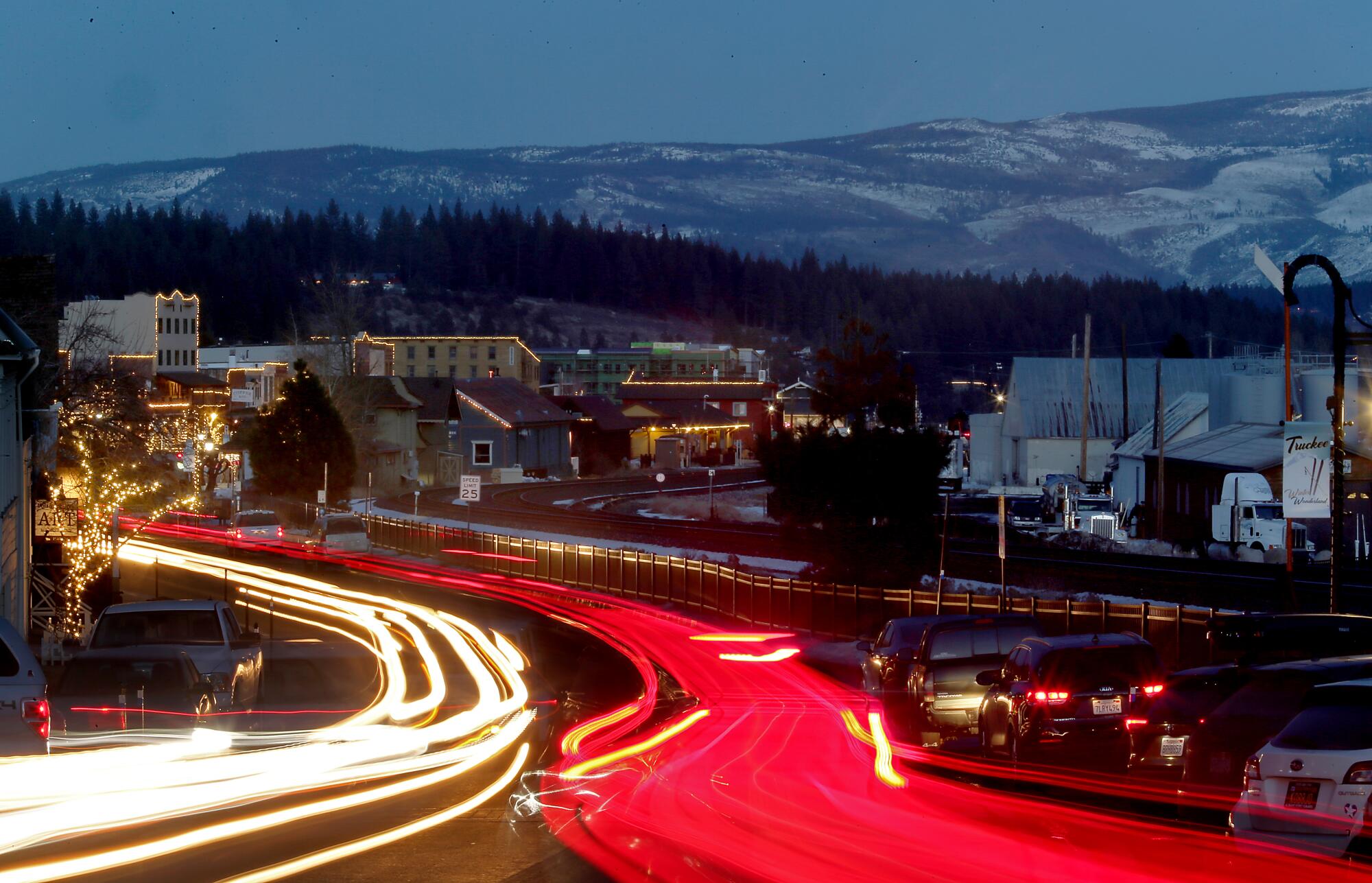 Traffic streams in and out of Truckee as visitors head home from Lake Tahoe.