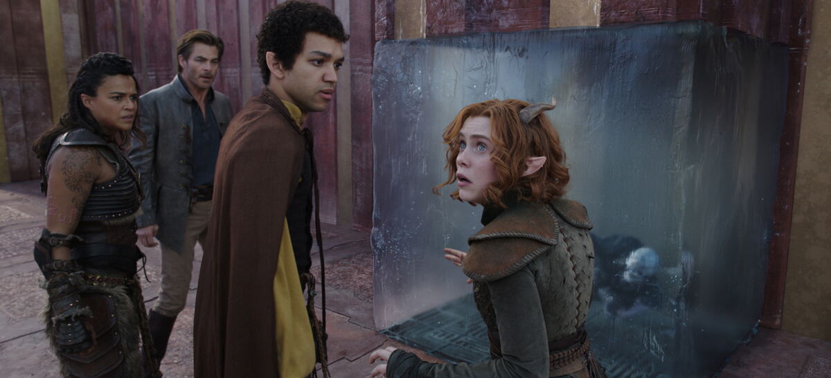 Chris Pine, Michelle Rodriguez, Justice Smith and Sophia Lillis in front of a gelatinous cube in "Dungeons & Dragons"