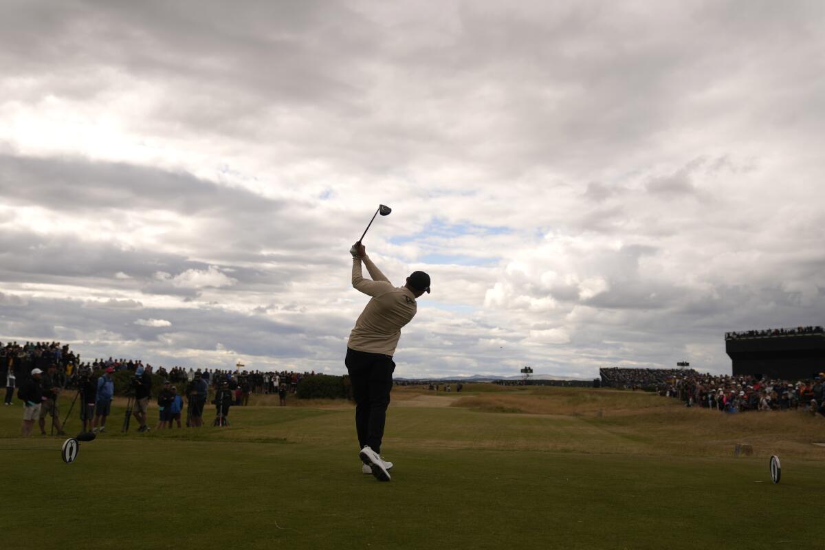 Matt Fitzpatrick plays from the seventh tee during the first round of the British Open.