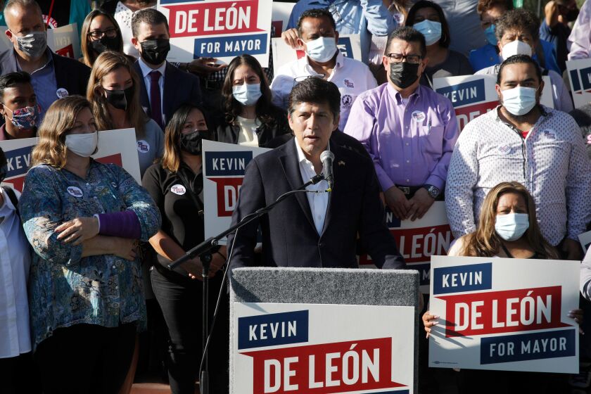 LOS ANGELES, CA. SEPTEMBER 21, 2021 -- Los Angeles City Councilman Kevin de Leon announced that he has joined the race to replace Mayor Eric Garcetti in next year's municipal election at at the El Pueblo de Los Angeles Historical Monument Tuesday morning, Sept. 21, 2021. (Irfan Khan / Los Angeles Times)