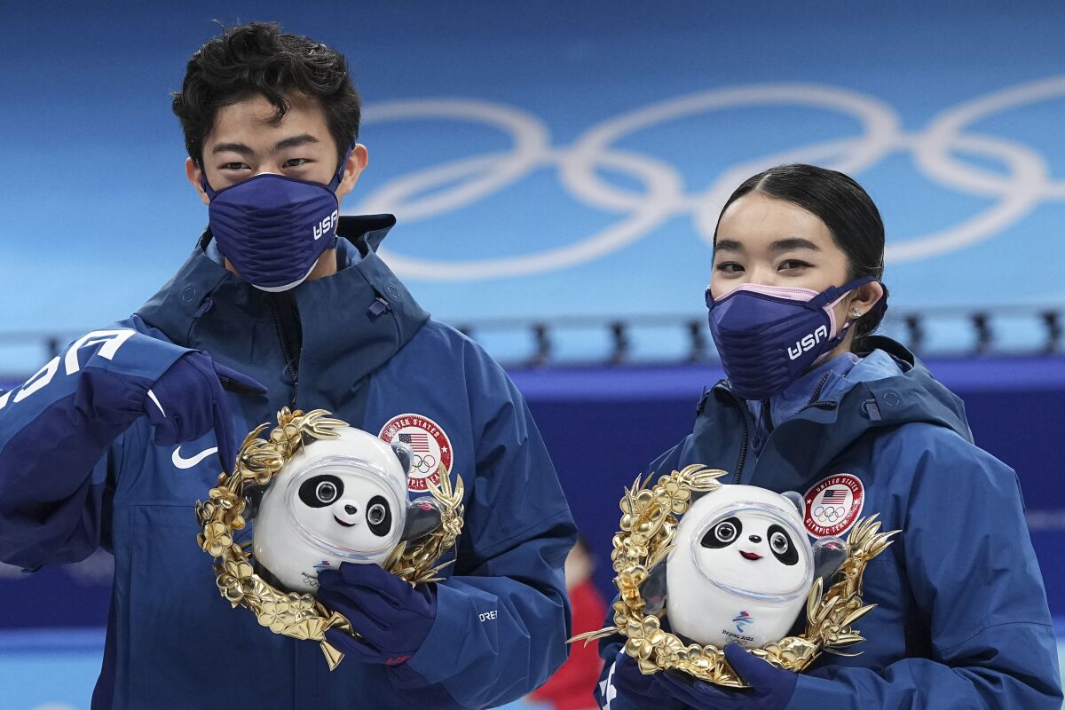 Karen Chen and Nathan Chen after figure skating at the 2022 Olympics