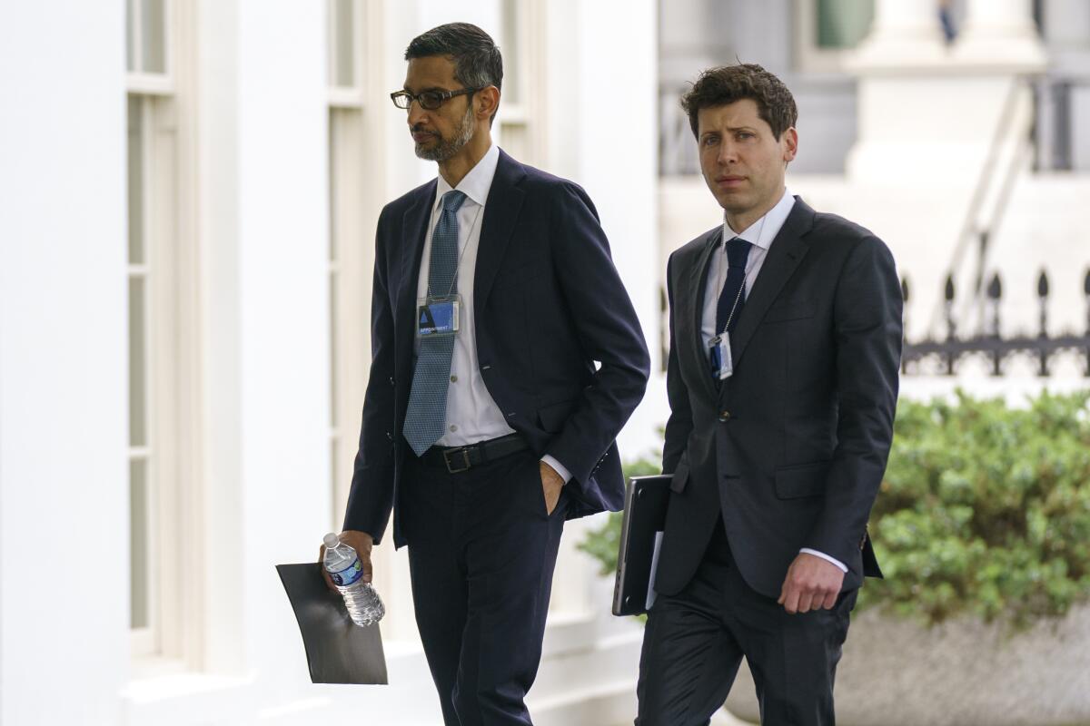 Alphabet CEO Sundar Pichai and OpenAI CEO Sam Altman walking together