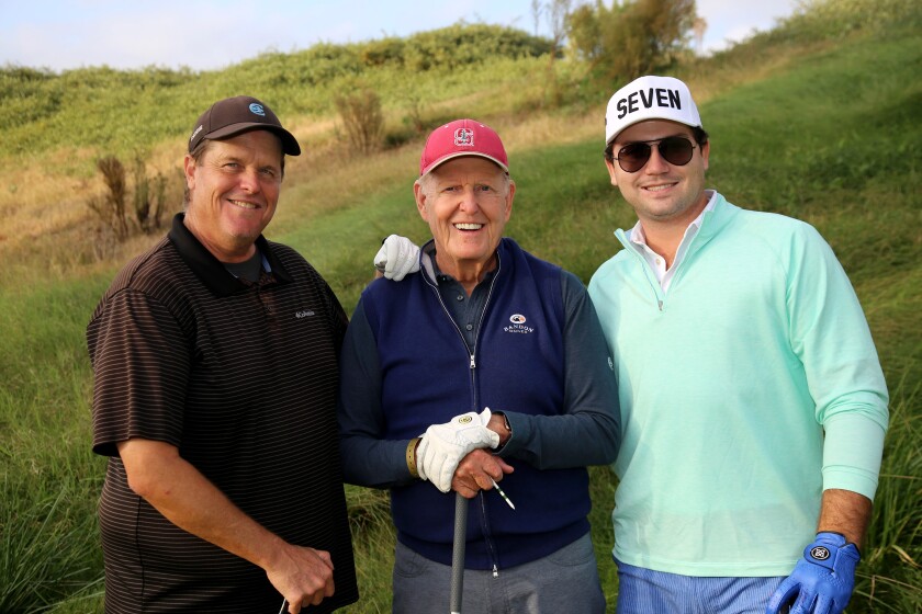 Mike McOwen, 2020 Rivals Cup Closest to the Pin winner Mike Joseph, Joseph Cokington at Pelican Hill Golf Club.