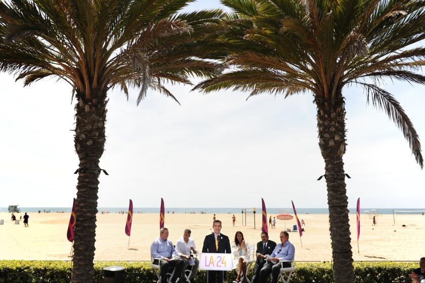 Los Angeles Mayor Eric Garcetti speaks to guests and media in Santa Monica in September to announce the City Council's approval to bid for the Olympic Games in 2024.