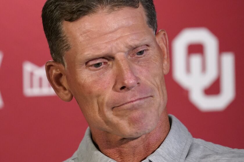 FILE - Oklahoma head coach Brent Venables speaks during an NCAA college football news conference, Tuesday, Sept. 6, 2022, in Norman, Okla. Oklahoma has suffered back-to-back losses to Kansas State and TCU heading into the rivalry game against Texas. (AP Photo/Sue Ogrocki, File)