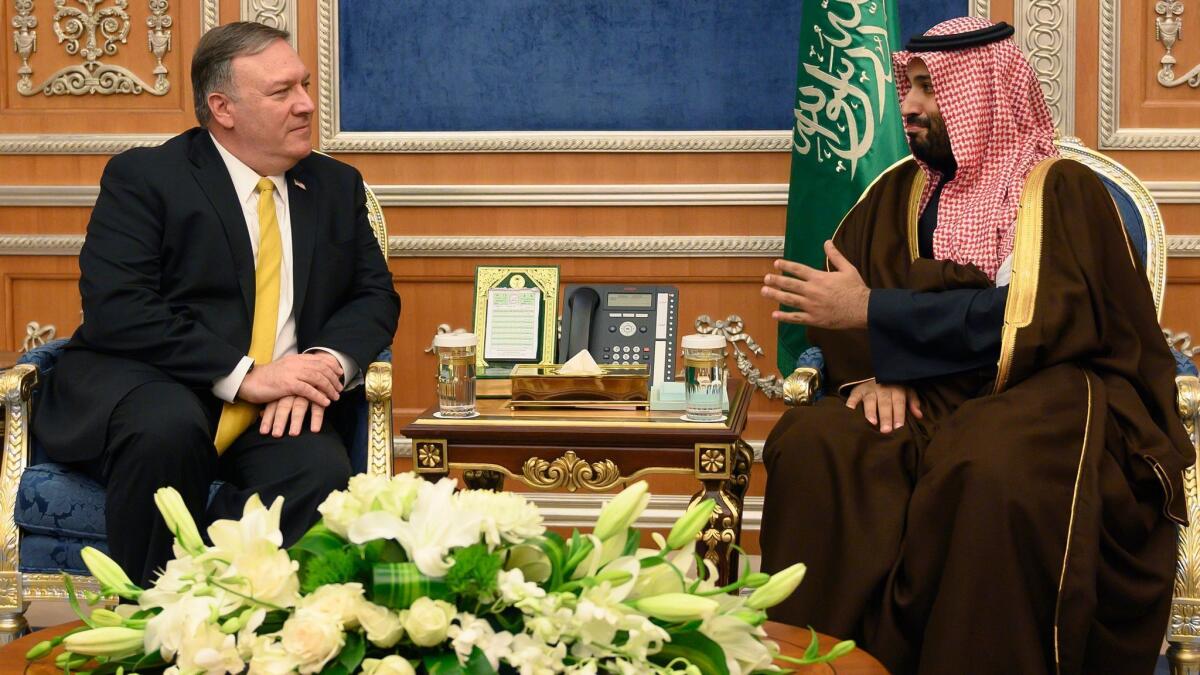 U.S. Secretary of State Michael R. Pompeo meets with Saudi Crown Price Mohammed bin Salman at the Royal Court in Riyadh on Monday.