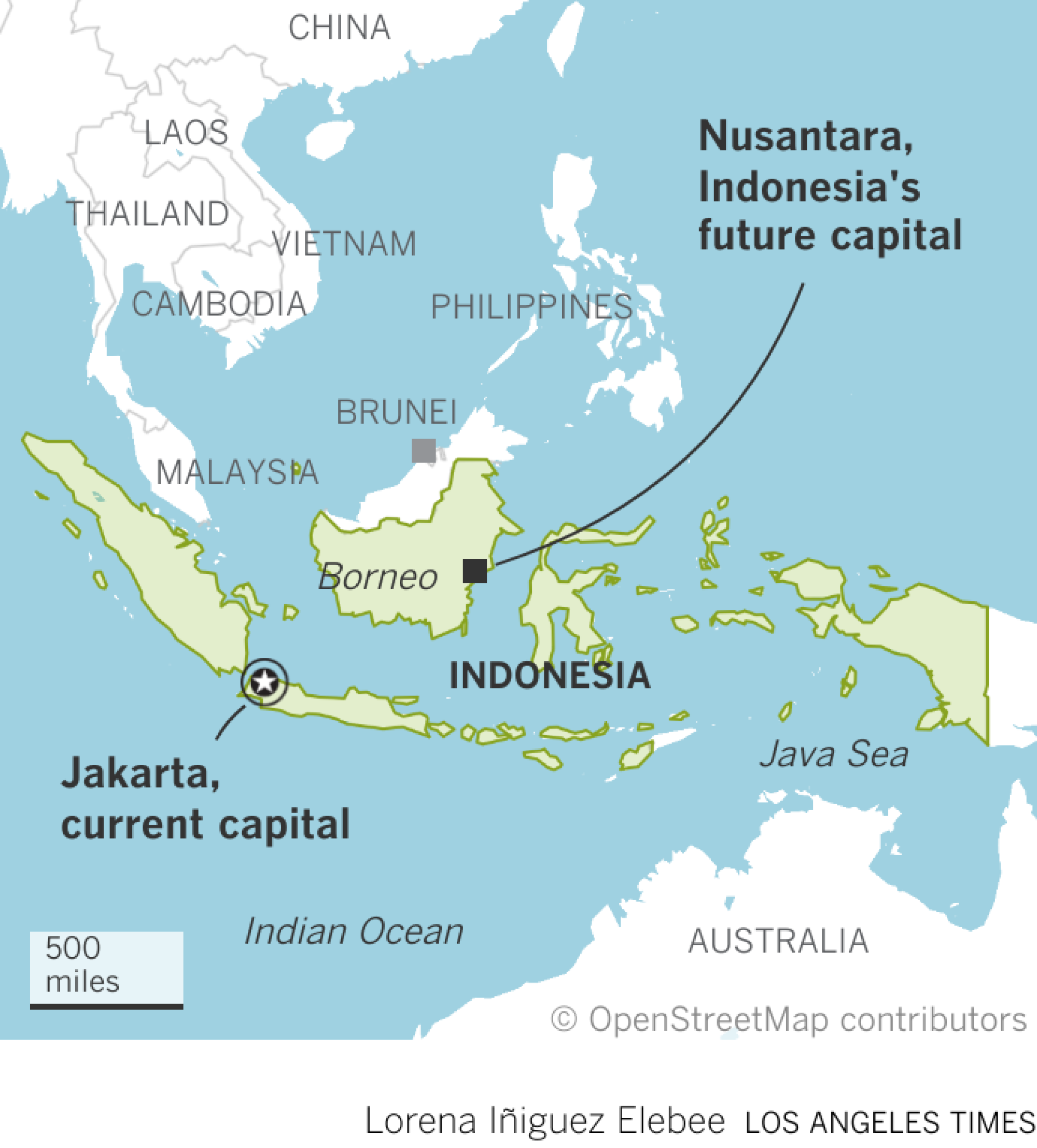 Map of Indonesia showing the location Nusantara,  the new capital on the island of Borneo.