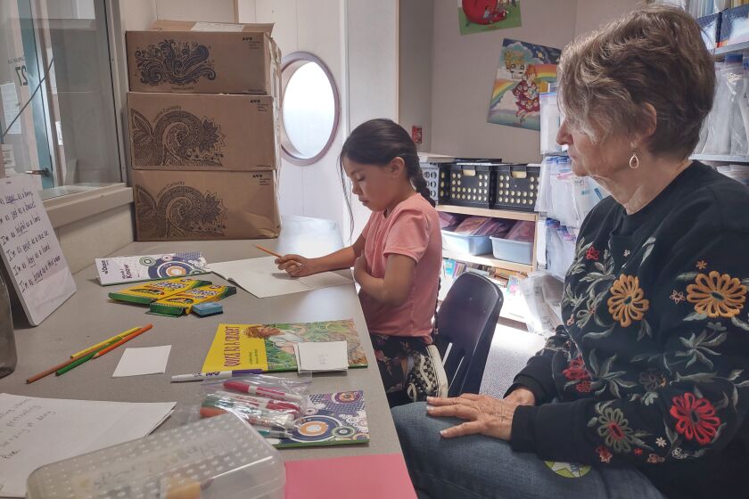 Barnett Elementary third-grader Veronica Fojo learns about adjectives during a session with Oasis tutor Tracey McFarland.