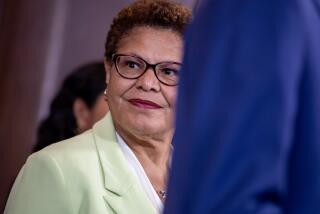 Los Angeles, CA - July 31: Los Angeles Mayor Karen Bass waits to take the podium at a news conference to raise awareness for tenant rights, resources and investments ahead of the COVID rent debt repayment deadline on Aug. 1 at City Hall on Monday, July 31, 2023 in Los Angeles, CA. (Brian van der Brug / Los Angeles Times)