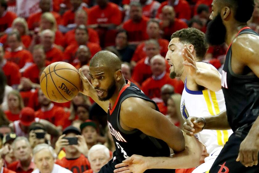 HOUSTON, TX - MAY 16: Chris Paul #3 of the Houston Rockets drives against Klay Thompson #11 of the Golden State Warriors in the first quarter of Game Two of the Western Conference Finals of the 2018 NBA Playoffs at Toyota Center on May 16, 2018 in Houston, Texas. (Photo by Ronald Martinez/Getty Images) ** OUTS - ELSENT, FPG, CM - OUTS * NM, PH, VA if sourced by CT, LA or MoD **