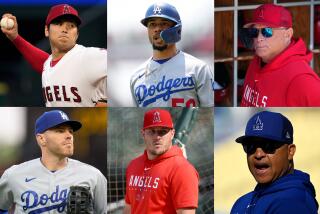 Angels and Dodgers players and managers (clockwise from bottom left): Freddie Freeman, Shohei Ohtani, Mookie Betts, Phil Nevin, Dave Roberts and Mike Trout.