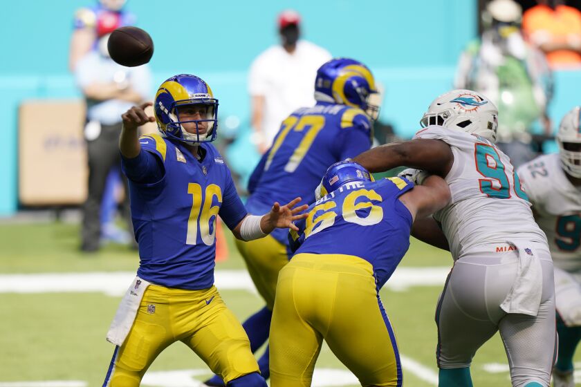 Los Angeles Rams quarterback Jared Goff (16) looks to pass during the second half of an NFL football game against the Miami Dolphins, Sunday, Nov. 1, 2020, in Miami Gardens, Fla. (AP Photo/Wilfredo Lee)