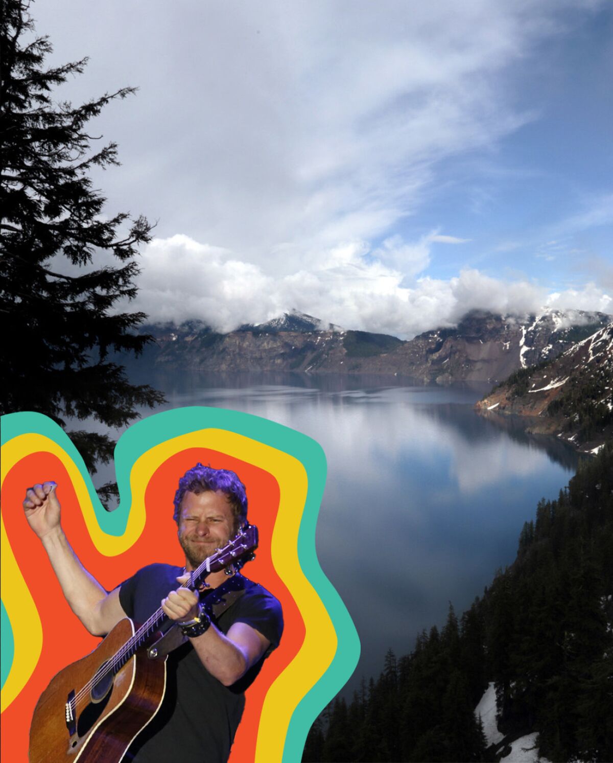 Country music star Dierks Bentley photoshopped in front of Crater Lake National Park