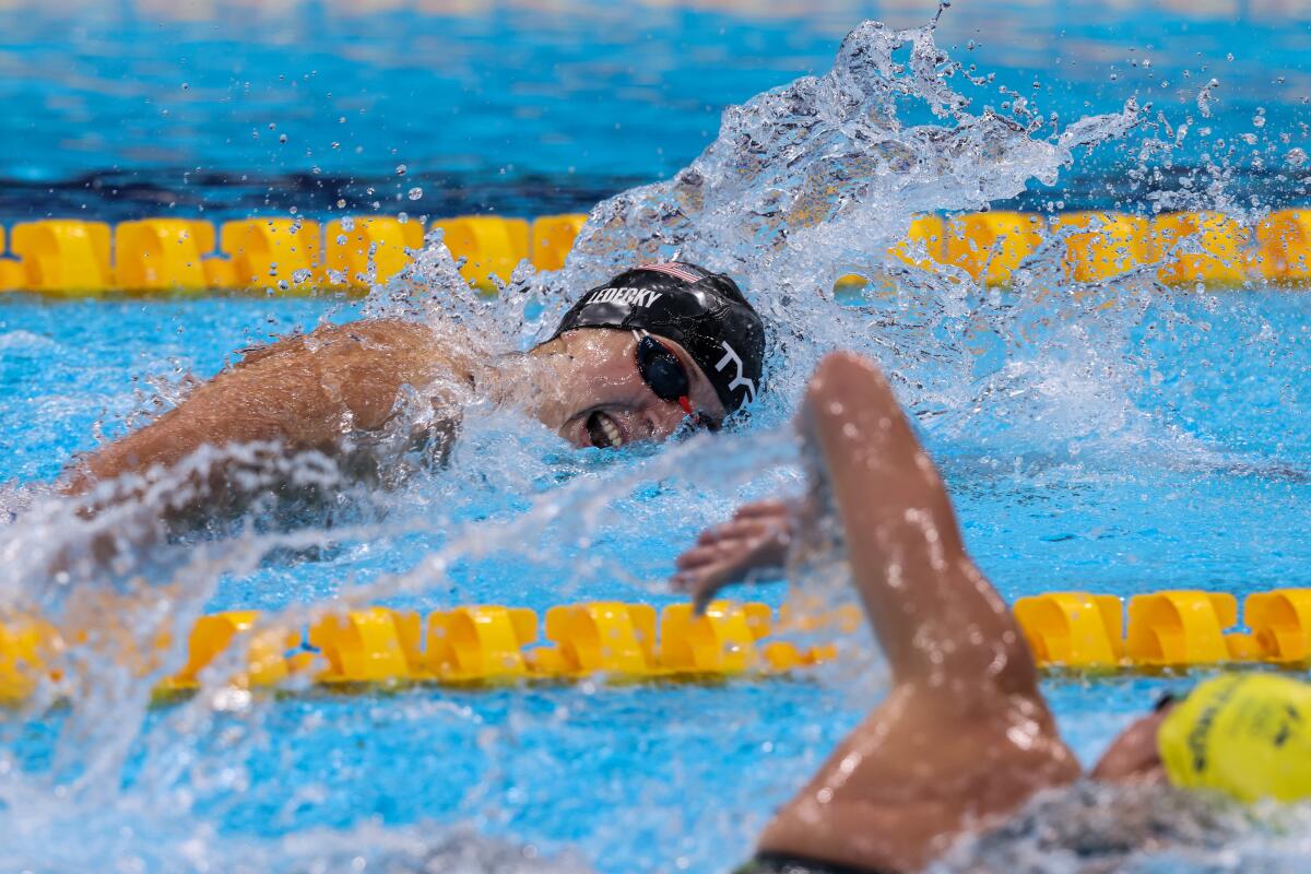 Katie Ledecky competes in the women's 400-meter freestyle on Monday at the Tokyo Olympic Games.