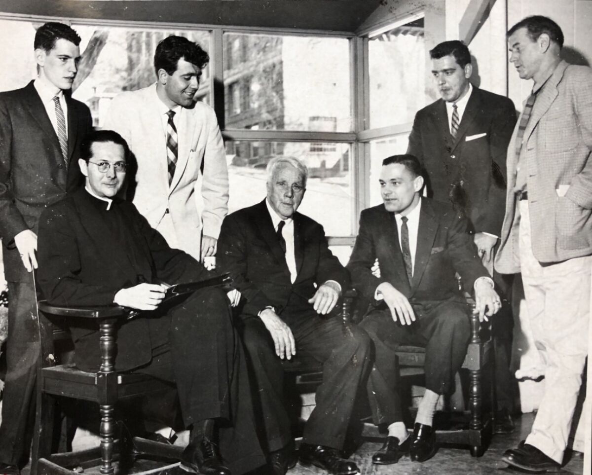 Rancho Santa Fe's Jim Hurley, seated at center next to poet Robert Frost in 1959.
