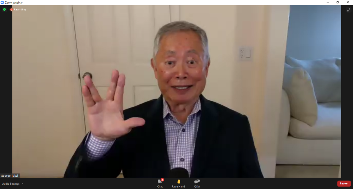 George Takei makes the "Live Long and Prosper" Vulcan salute during Monday's virtual question-and-answer session.