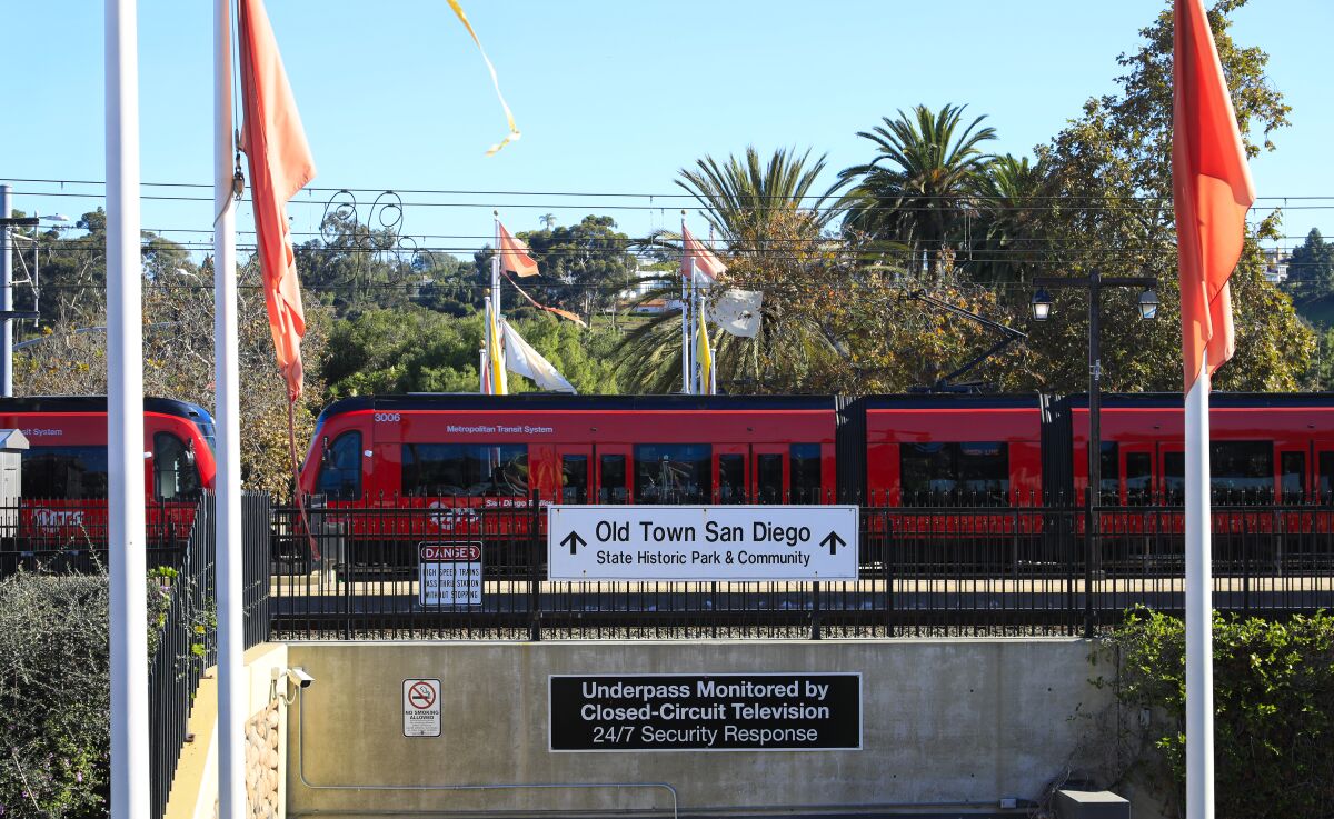 A Metropolitan Transit System trolley from downtown San Diego pulls into the Old Town Station. MTS would like to build a trolley extension to the San Diego Airport.