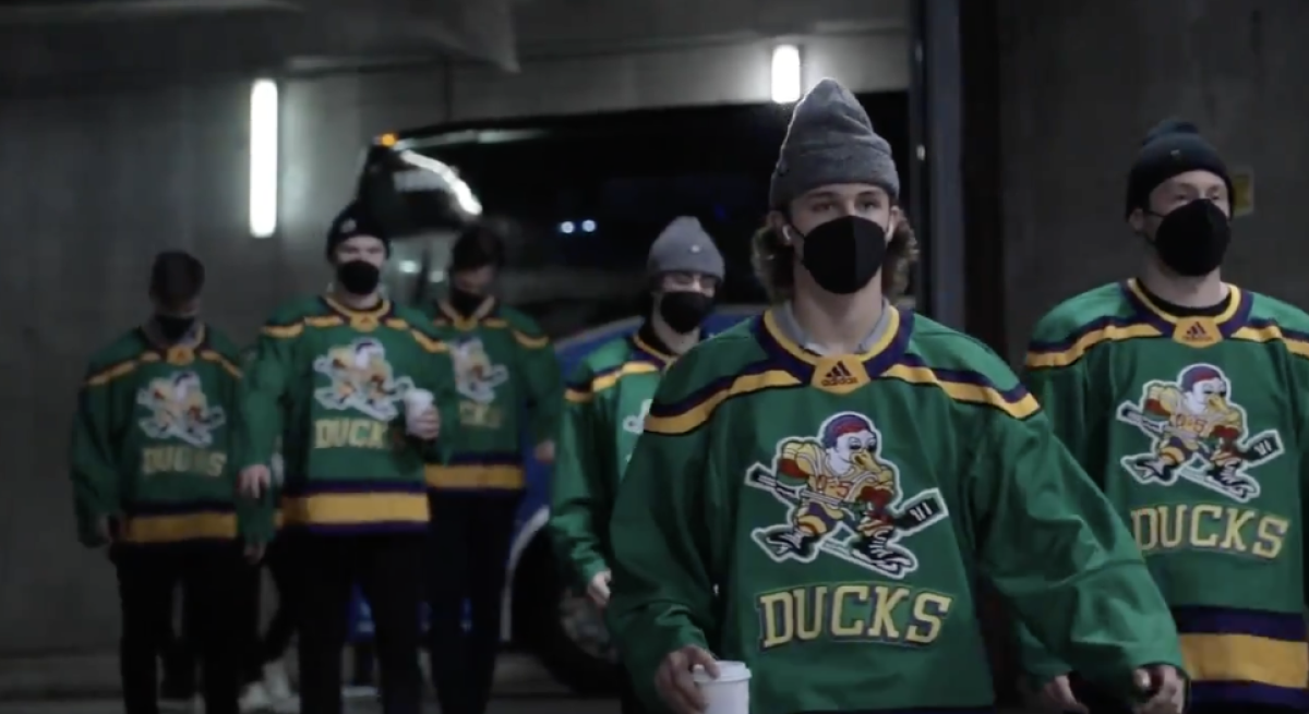 The Anaheim Ducks walk the tunnel wearing Mighty Ducks jerseys before a game against the Minnesota Wild.
