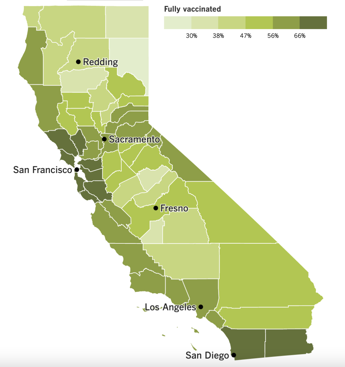 A map that show's California's COVID-19 vaccination progress by county.