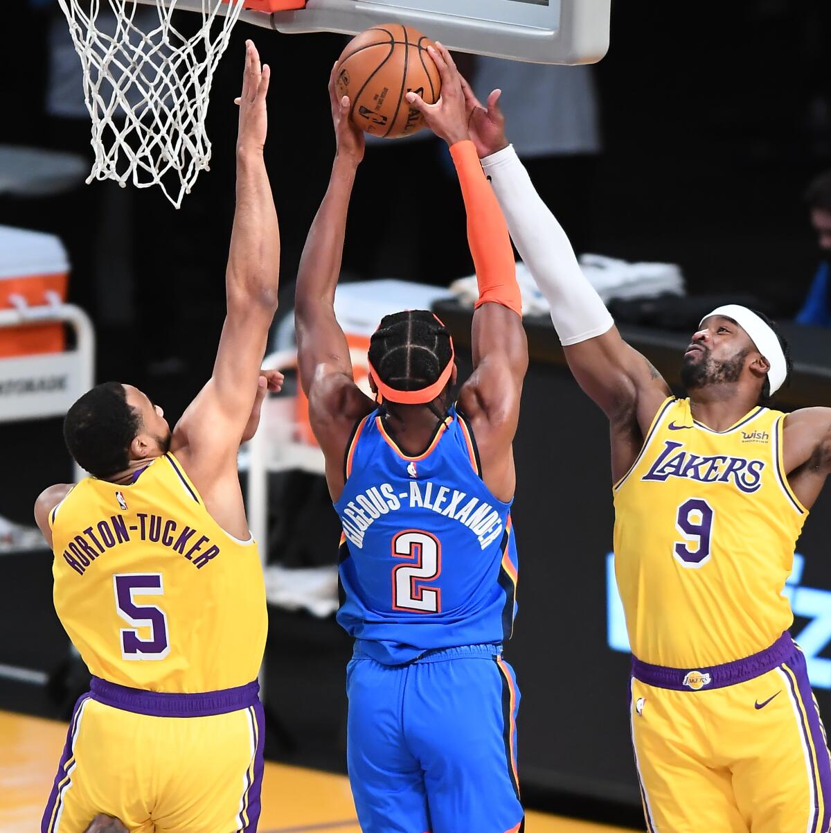 Lakers guard Wesley Matthews blocks a shot