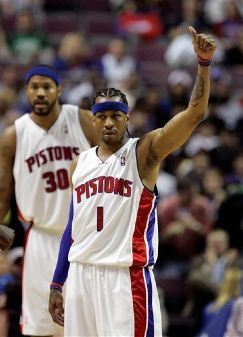 Detroit Pistons guard Allen Iverson (1) acknowledges the crowd during the first quarter of an NBA basketball game against the Boston Celtics at the Palace in Auburn Hills, Mich., Sunday, Nov. 9, 2008. (AP Photo/Carlos Osorio)