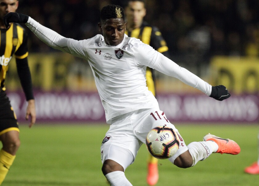 Fluminense's Yony González kicks the ball during a Copa Sudamericana game against Uruguay's Peñarol on July 23, 2019.