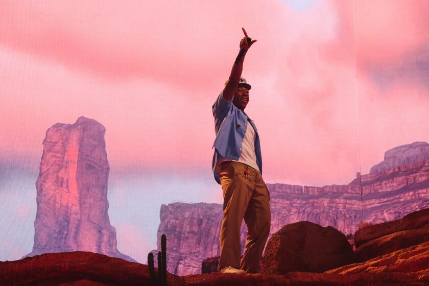 Indio, CA - April 13: Tyler, the Creator headlines on the second night of the Coachella Valley Music and Arts Festival on Saturday, April 13, 2024 in Indio, CA. (Dania Maxwell / Los Angeles Times)