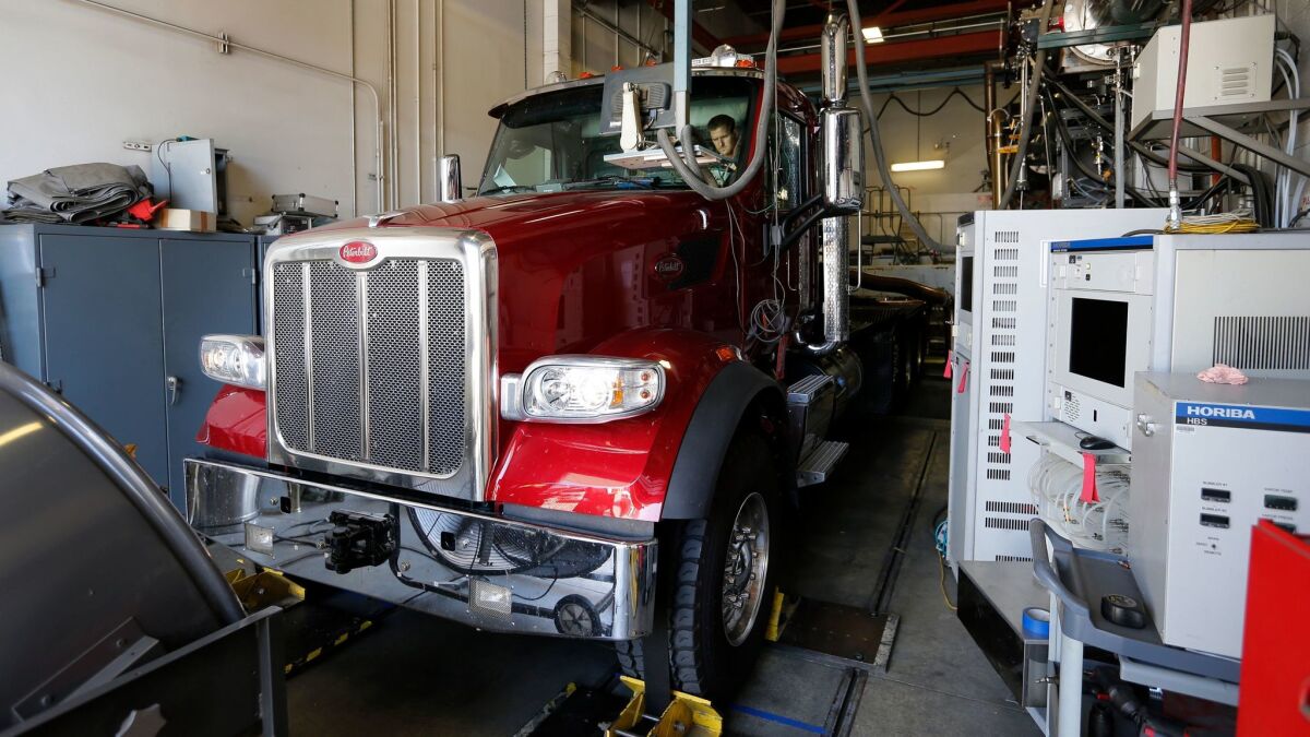 A truck is tested to see if it meets emissions standards at a California Air Resources Board facility in Los Angeles.