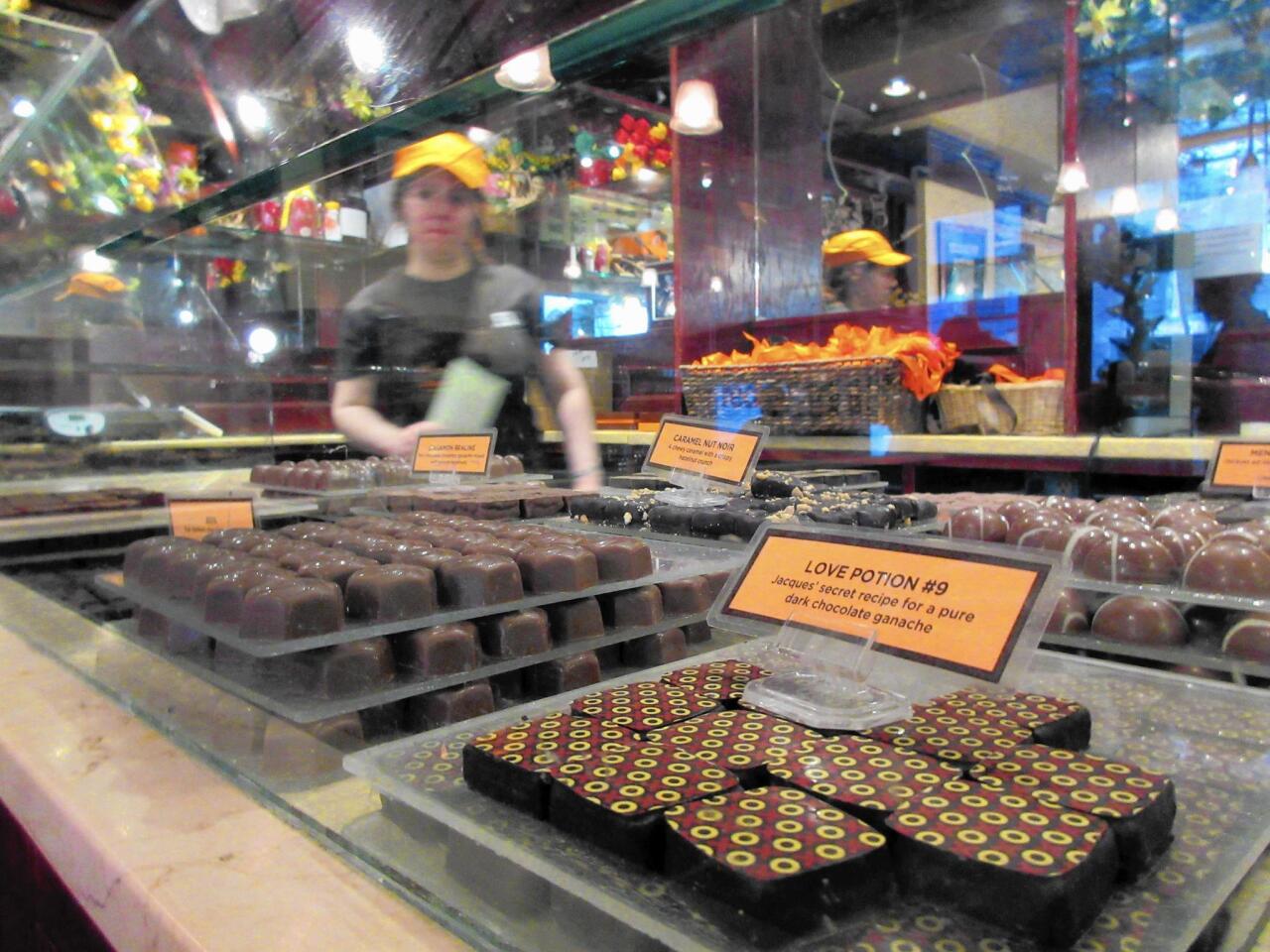 A display of chocolates at Jacques Torres, a chocolatier in the DUMBO section of Brooklyn, N.Y. Jacques Torres is one of the stops on A Slice of Brooklyn’s chocolate tour. In addition to chocolate samples to taste, the tour offers a peek at the chocolate-making process and interesting neighborhoods, along with insight into how some of the businesses got started.