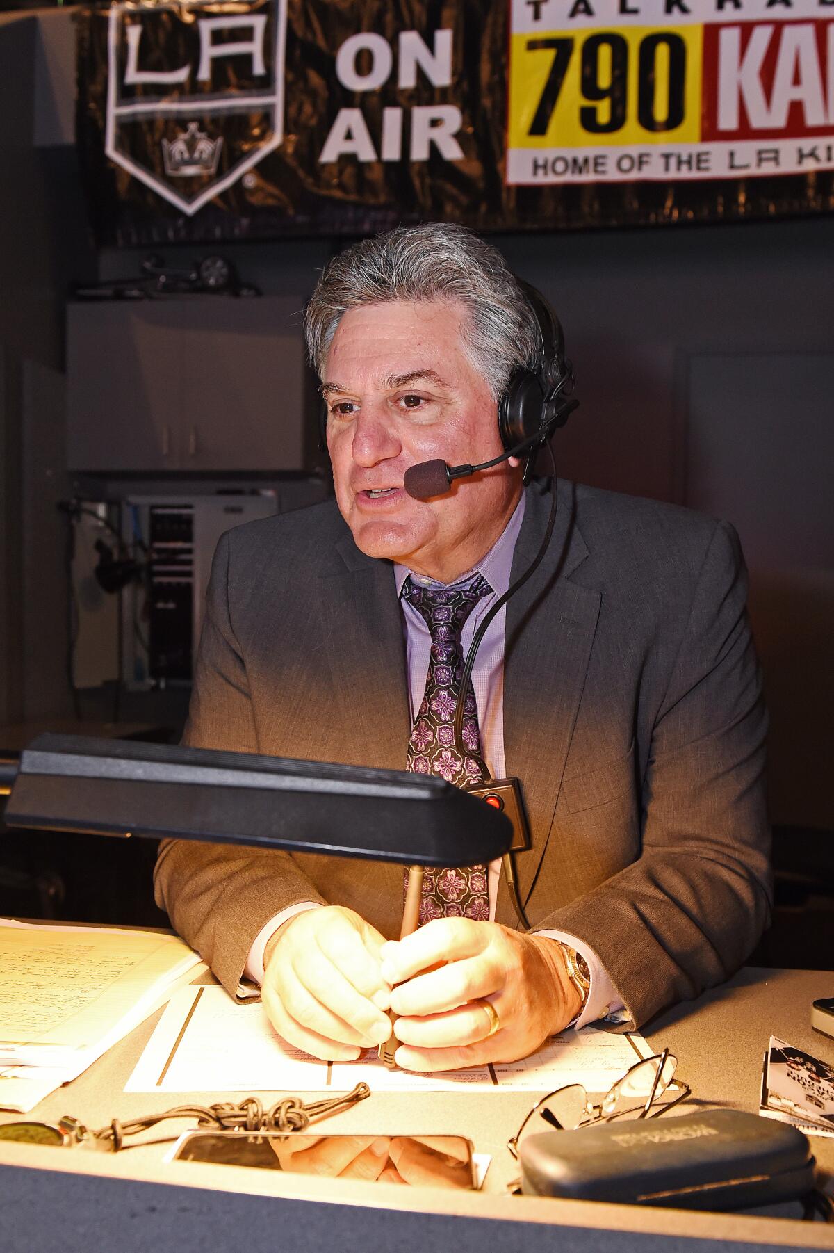 Nick Nickson broadcasts a game between the Kings and New York Islanders on Oct. 15, 2017 in Los Angeles.