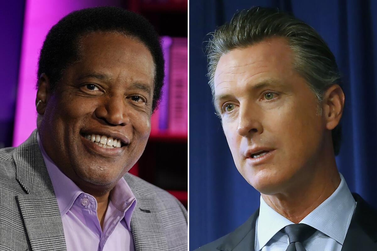 Radio talk show host Larry Elder, left, and Democratic Gov. Gavin Newsom, right.