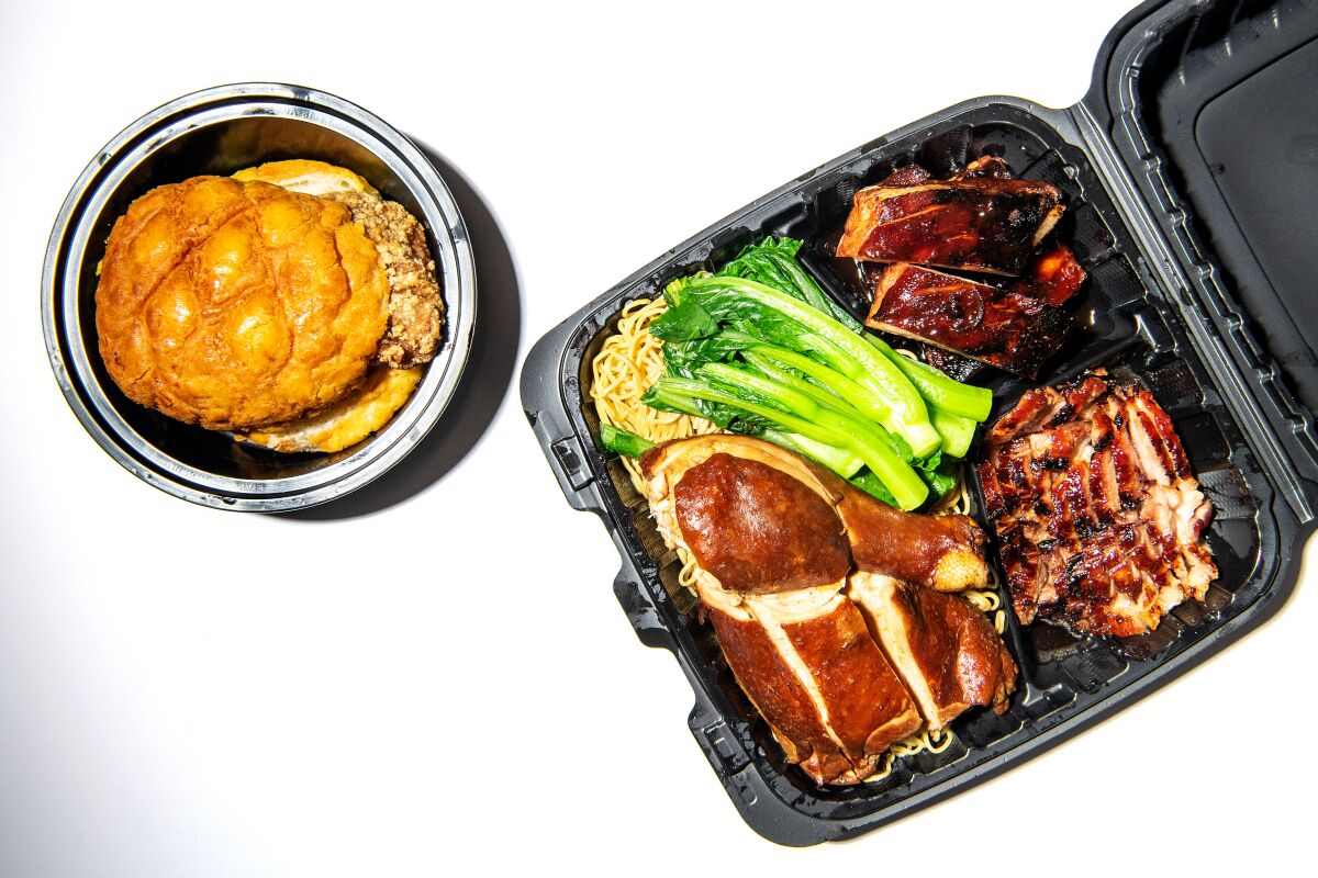 Char siu, rib, chicken and a macau pork chop bun from Pearl River Deli in Chinatown.