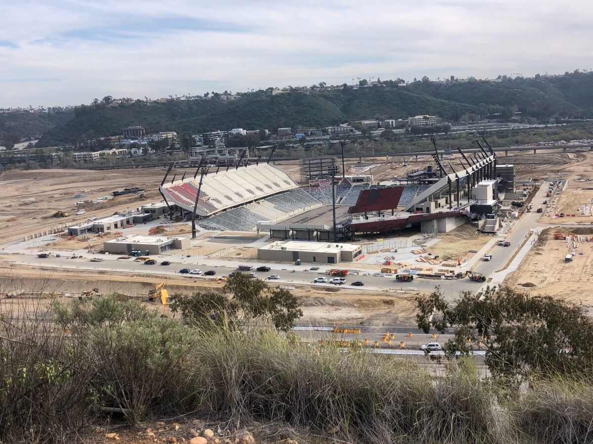 Snapdragon Stadium in Mission Valley, pictured six months before it's scheduled to host its first football game.