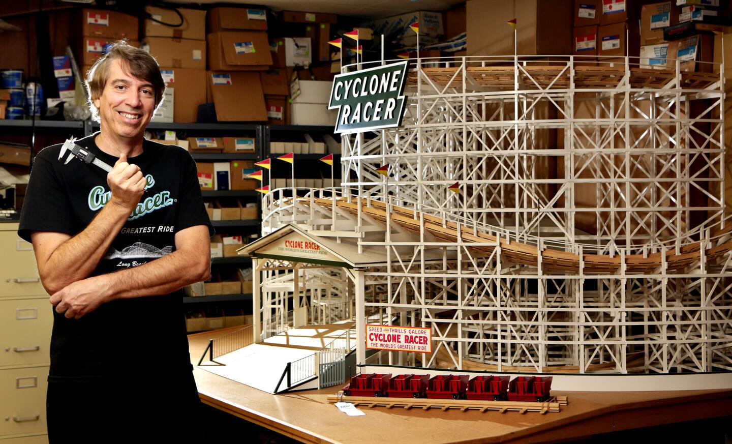 After extensive research, Larry Osterhoudt meticulously built a 1:15 scale model of the entrance to the Cyclone Racer at his home in Downey.
