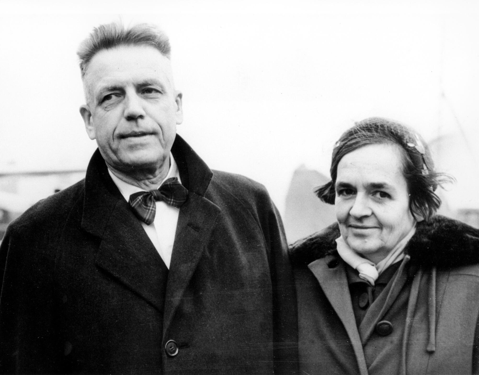 American biologist Dr. Alfred Kinsey and his wife, Clara, arrive at London Airport on Oct. 22, 1955. 