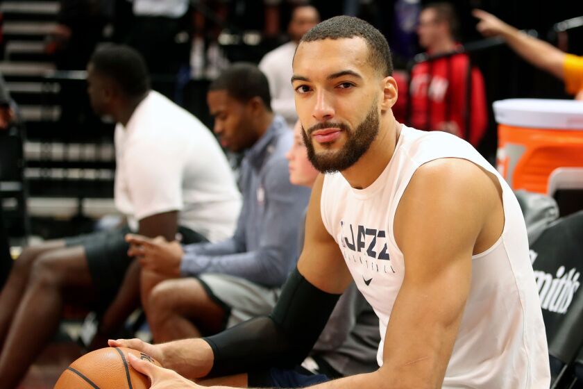 Utah Jazz center Rudy Gobert cools down after warm ups before a NBA game against Los Angeles Lakers in Salt Lake City, Utah on December 4, 2019. (Photo by GEORGE FREY / AFP) (Photo by GEORGE FREY/AFP via Getty Images)