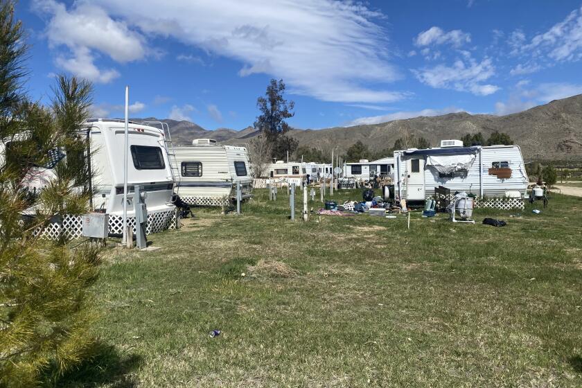 Motor homes scattered at Butterfield Ranch near Julian, Calif.