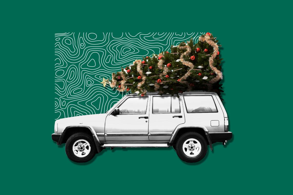 Illustration of car with Christmas tree strapped to the top of it