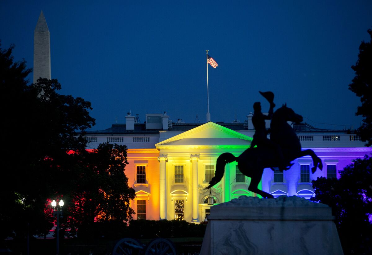 The White House lighted up in rainbow colors at night in June 2015.