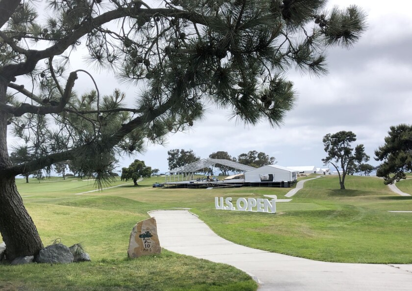 A tent for the 2021 U.S. Open at Torrey Pines Golf Course goes up on the No. 10 fairway on the North Course.