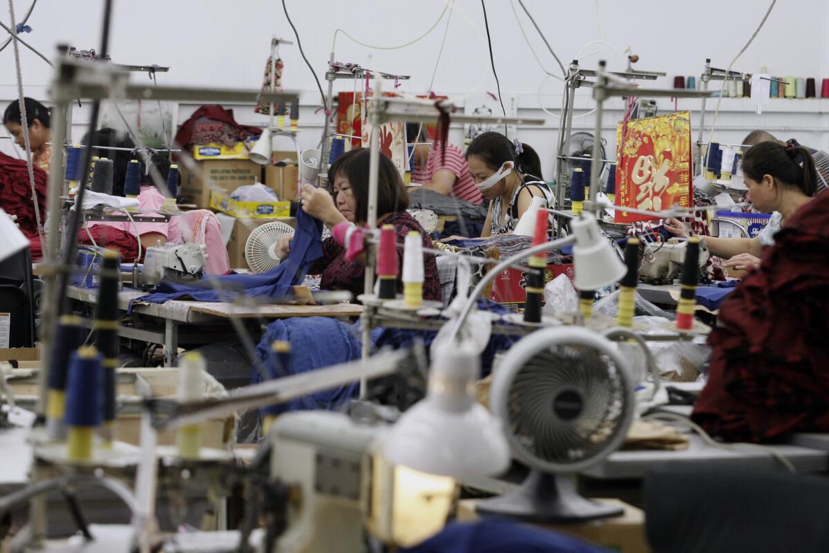 Los Angeles leads U.S. in manufacturing employment, according to data from the Bureau of Labor Statistics. Above, workers at the Rong Li Fashion factory in Arcadia.