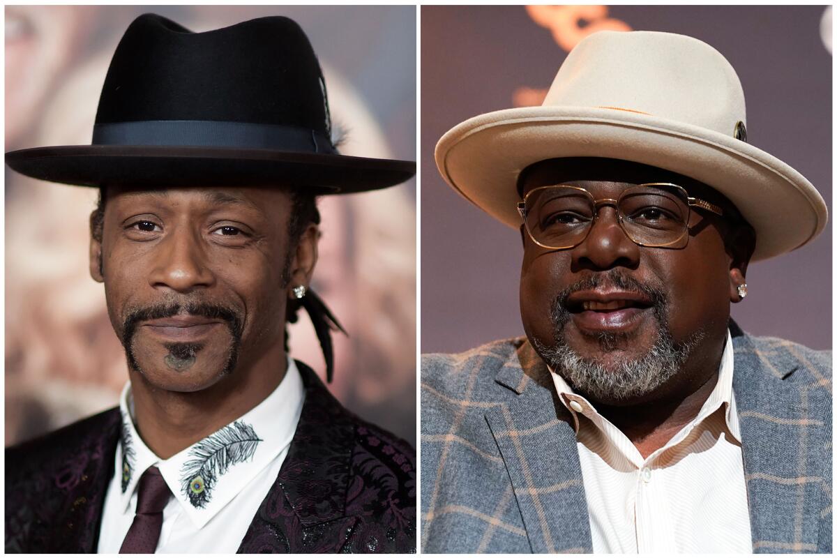 Separate images of Katt Williams in a black hat and black jacket and Cedric the Entertainer in tan hat and gray plaid jacket