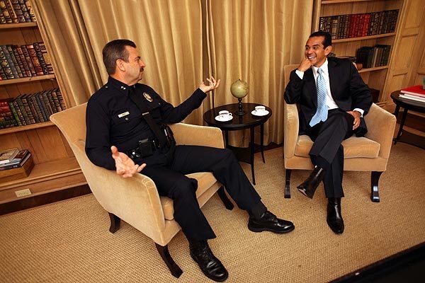 Mayor Antonio Villaraigosa talks with Deputy Police Chief Charlie Beck at Getty House, the mayor's official residence, prior to a news conference at which the mayor introduced Beck as his choice to lead the LAPD.