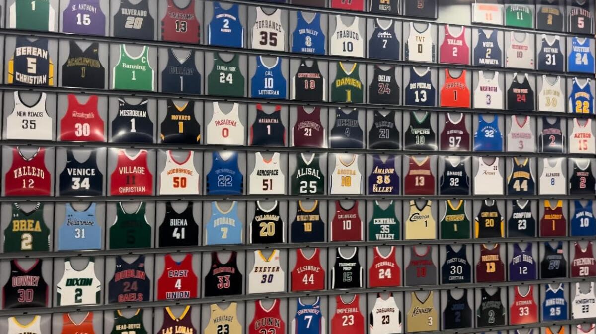 High school basketball jerseys from every team in California (1,544 and counting) are being displayed at the Intuit Dome.