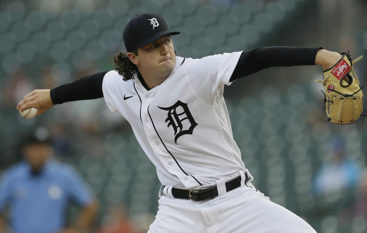 Detroit Tigers' Casey Mize pitches against the Texas Rangers during the first inning of a baseball game Monday, July 19, 2021, in Detroit. (AP Photo/Duane Burleson)