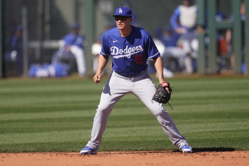 Los Angeles Dodgers shortstop Corey Seager (5) during a spring training baseball game against the Kansas City Royals, Friday, March 5, 2021, in Surprise, Ariz. (AP Photo/Sue Ogrocki)