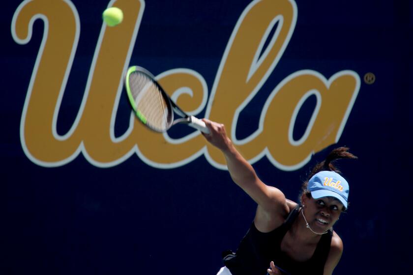 LOS ANGELES, CA - MAY 08:. Sophomore Abbey Forbes, UCLA's number one tennis player, leads the Bruins to a victory against Texas Tech in the NCAA tournament at the Los Angeles Tennis Center in UCLA on Saturday, May 8, 2021. (Luis Sinco / Los Angeles Times)