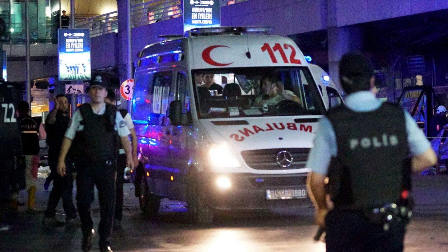 Security officers and ambulances outside Ataturk Airport in Istanbul after it was hit by a suicide bomb attack on Tuesday.