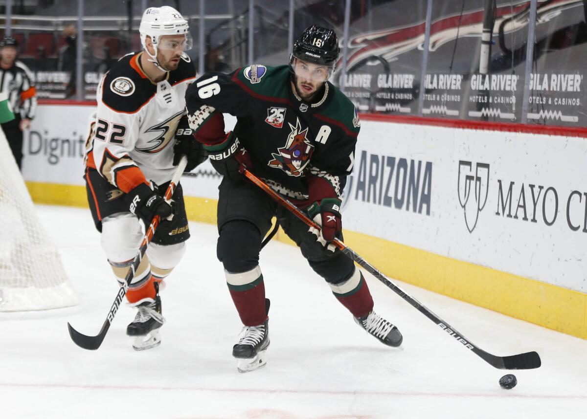 Arizona Coyotes' Derick Brassard controls the puck against Ducks' Kevin Shattenkirk.