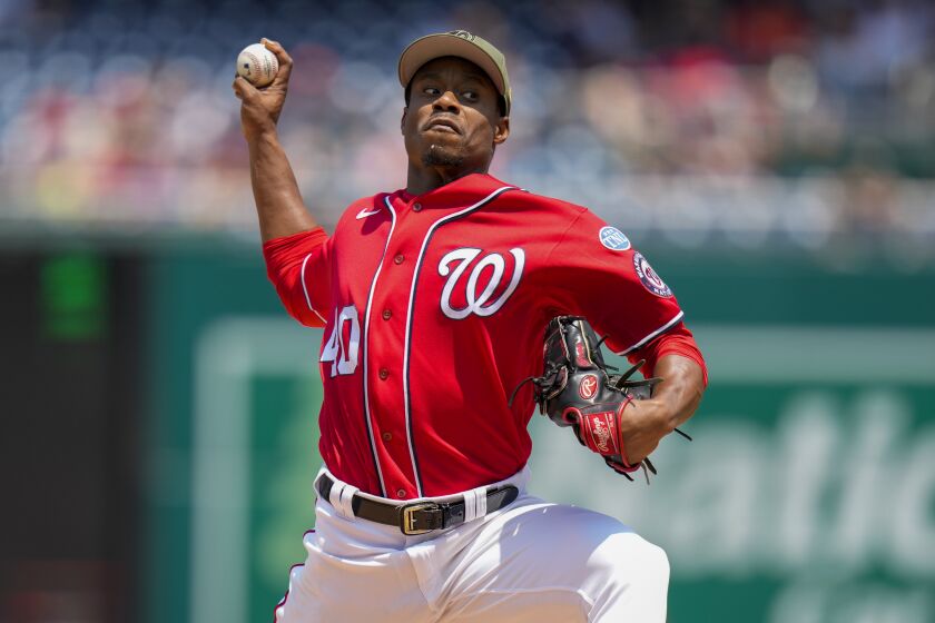 Washington Nationals starting pitcher Josiah Gray throws during the first inning of a baseball game.